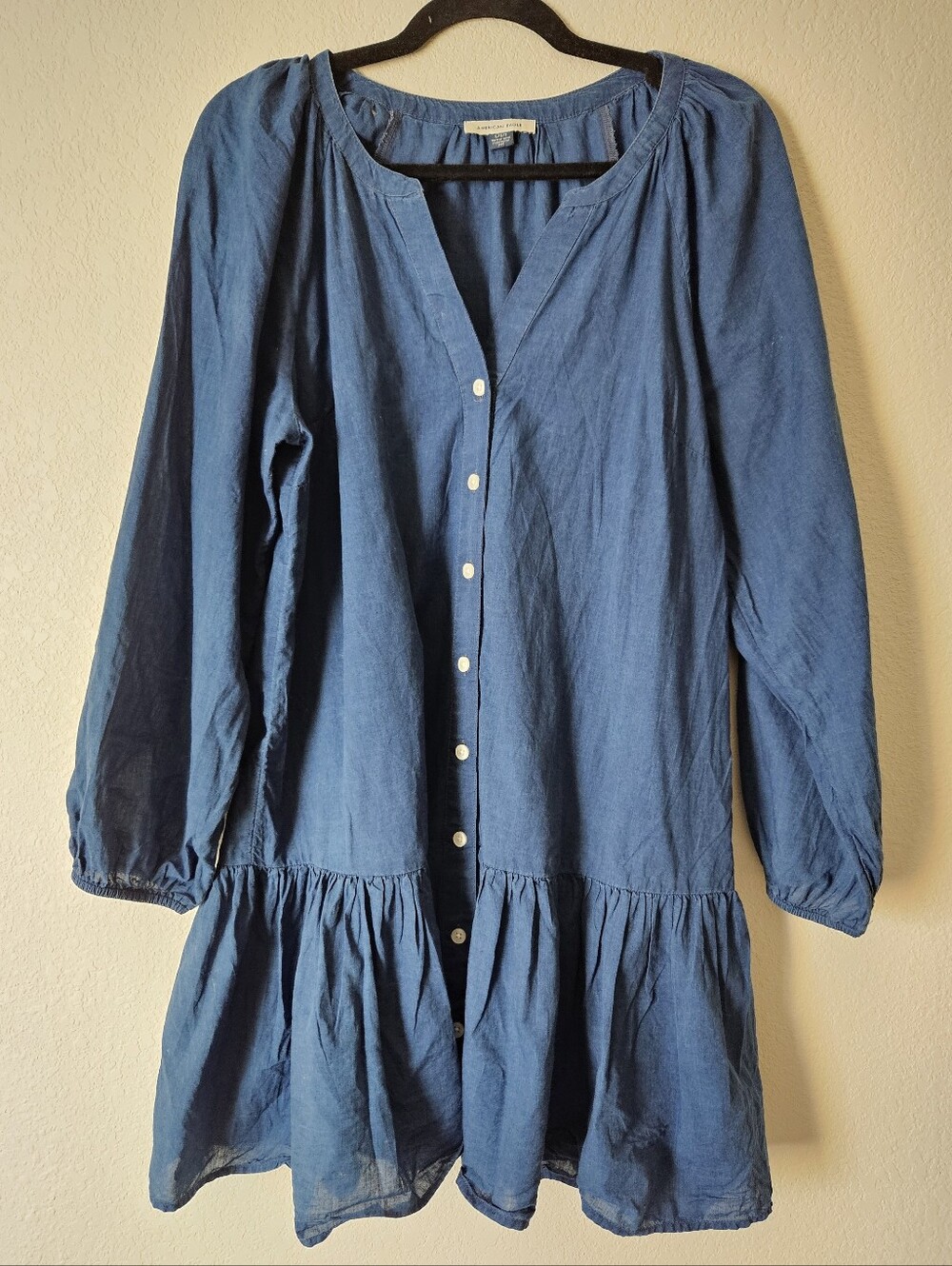 American Eagle Drop Waist Shirt Mini Dress in a medium blue Size Large